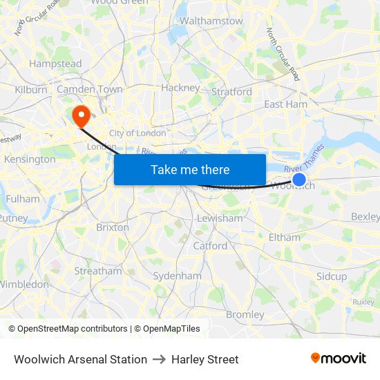 Woolwich Arsenal Station to Harley Street map