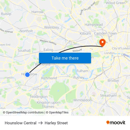 Hounslow Central to Harley Street map