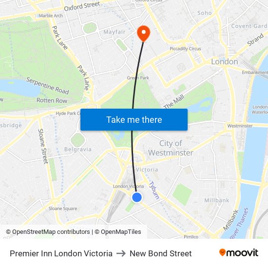 Premier Inn London Victoria to New Bond Street map
