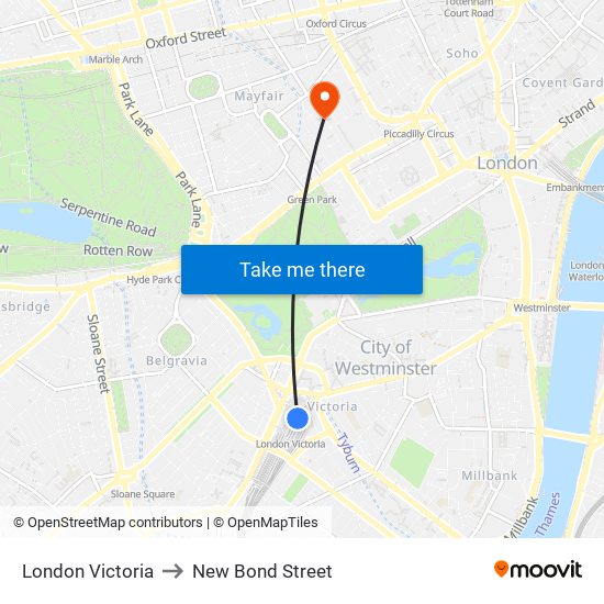 London Victoria to New Bond Street map