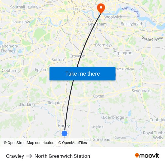 Crawley to North Greenwich Station map