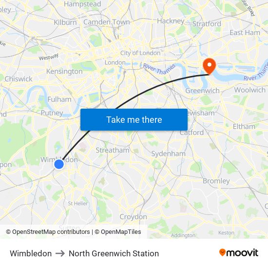 Wimbledon to North Greenwich Station map