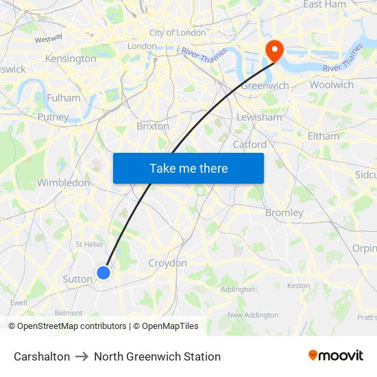 Carshalton to North Greenwich Station map
