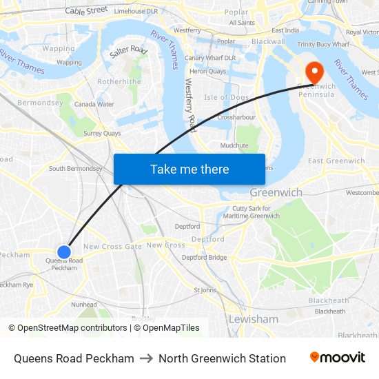 Queens Road Peckham to North Greenwich Station map