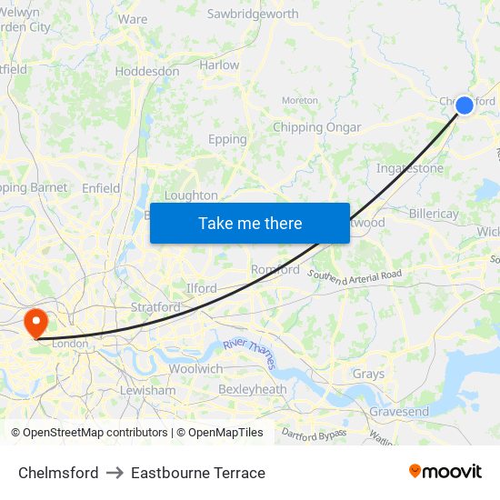 Chelmsford to Eastbourne Terrace map