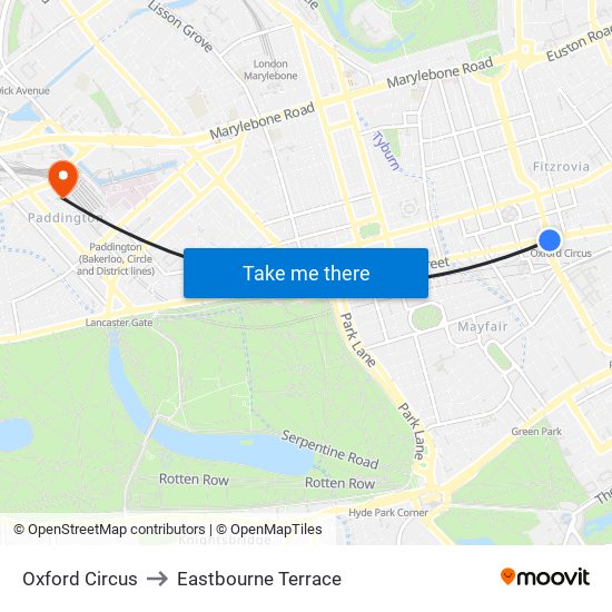 Oxford Circus to Eastbourne Terrace map