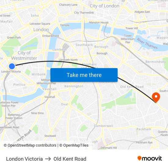 London Victoria to Old Kent Road map