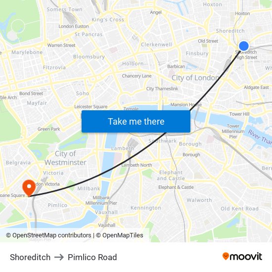 Shoreditch to Pimlico Road map