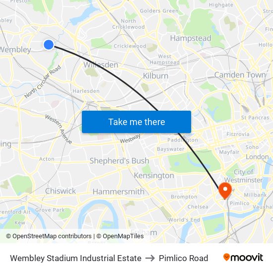 Wembley Stadium Industrial Estate to Pimlico Road map