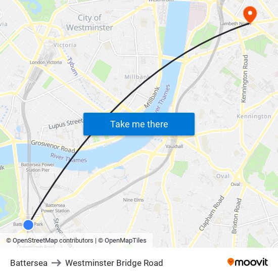 Battersea to Westminster Bridge Road map