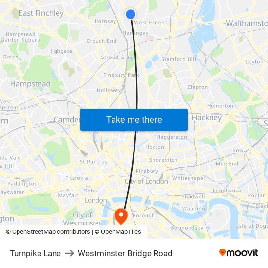 Turnpike Lane to Westminster Bridge Road map