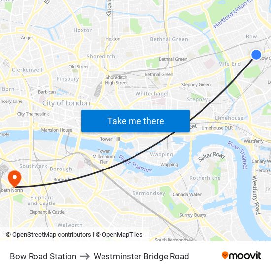 Bow Road Station to Westminster Bridge Road map