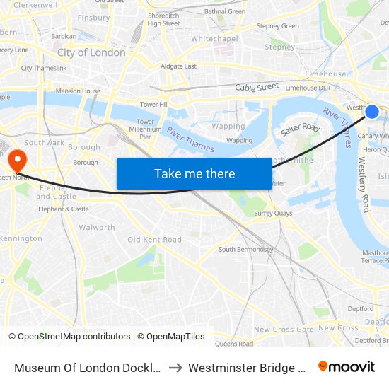 Museum Of London Docklands to Westminster Bridge Road map