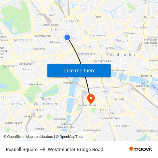 Russell Square to Westminster Bridge Road map