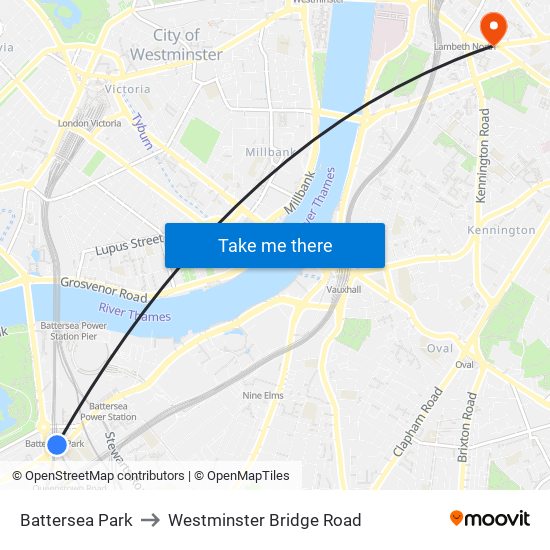 Battersea Park to Westminster Bridge Road map