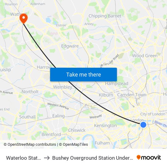 Waterloo Station to Bushey Overground Station Underpass map