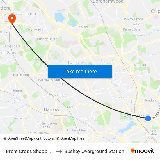 Brent Cross Shopping Centre to Bushey Overground Station Underpass map