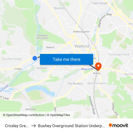 Croxley Green to Bushey Overground Station Underpass map