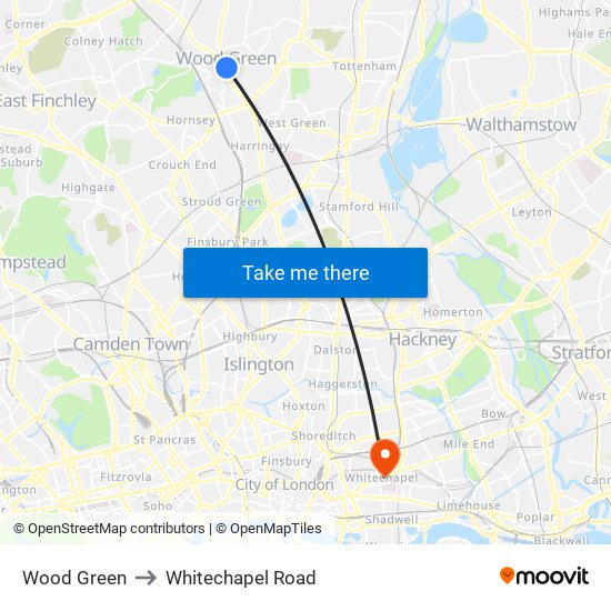 Wood Green to Whitechapel Road map