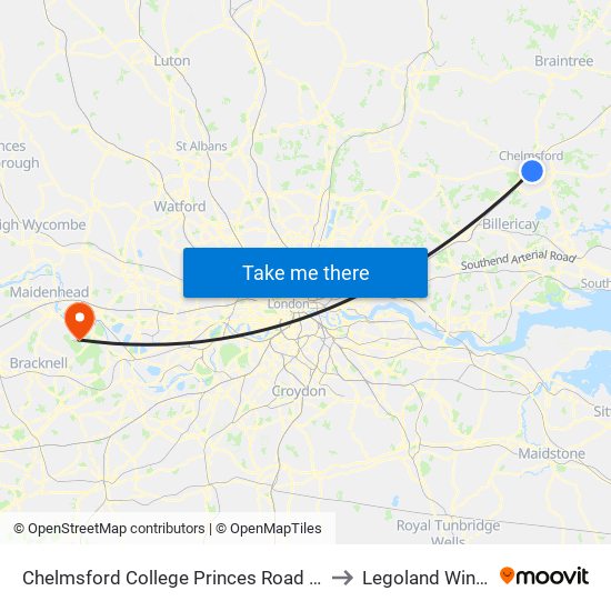 Chelmsford College Princes Road Campus to Legoland Windsor map