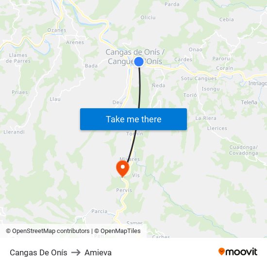 Cangas De Onís to Amieva map