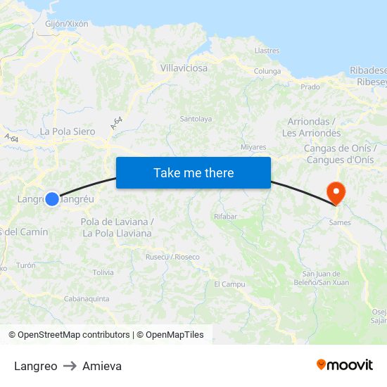 Langreo to Amieva map