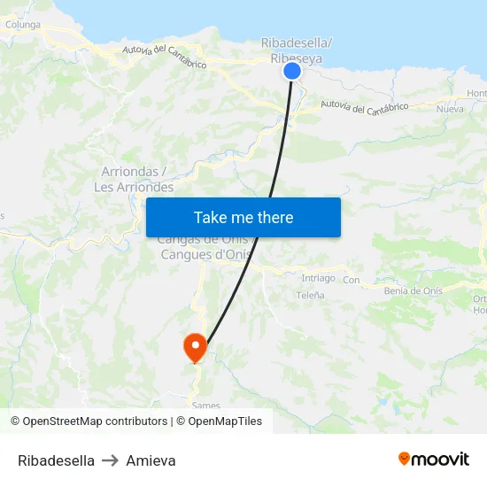 Ribadesella to Amieva map
