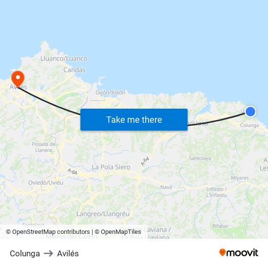 Colunga to Avilés map