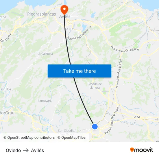 Oviedo to Avilés map