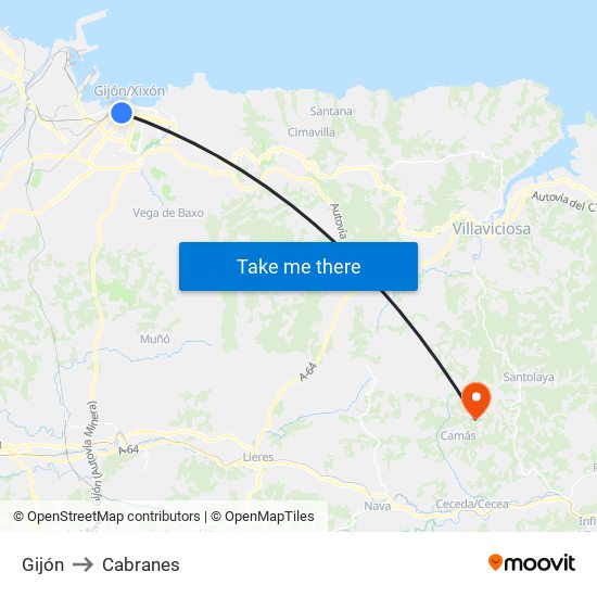 Gijón to Cabranes map