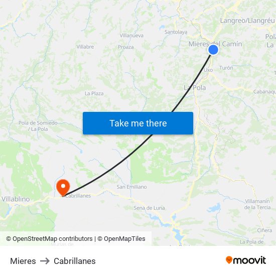 Mieres to Cabrillanes map