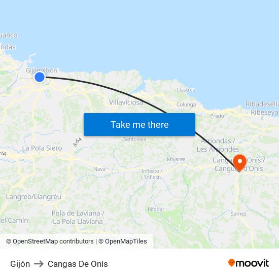 Gijón to Cangas De Onís map