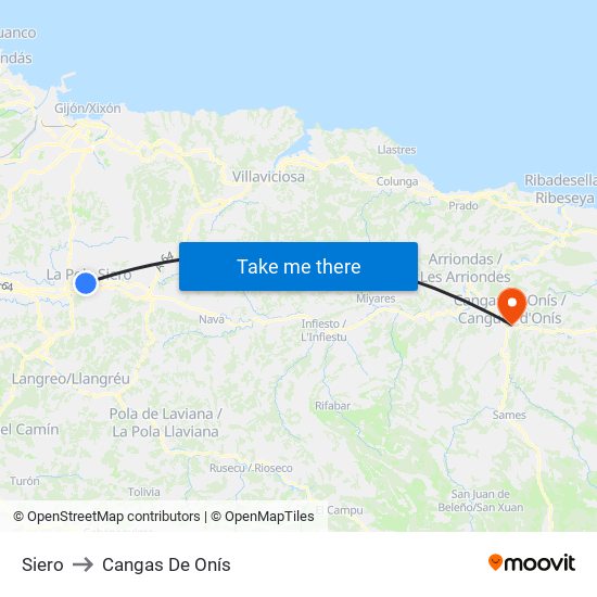Siero to Cangas De Onís map