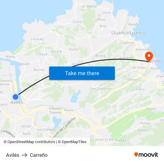 Avilés to Carreño map