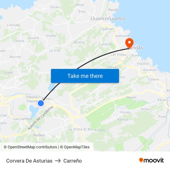 Corvera De Asturias to Carreño map