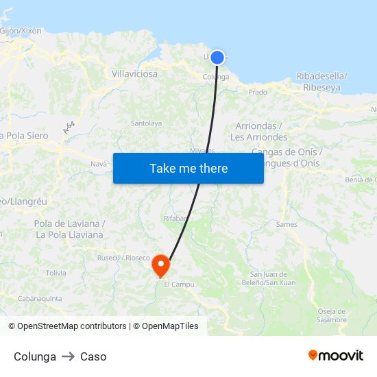 Colunga to Caso map