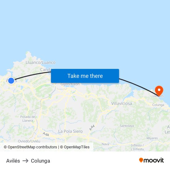 Avilés to Colunga map