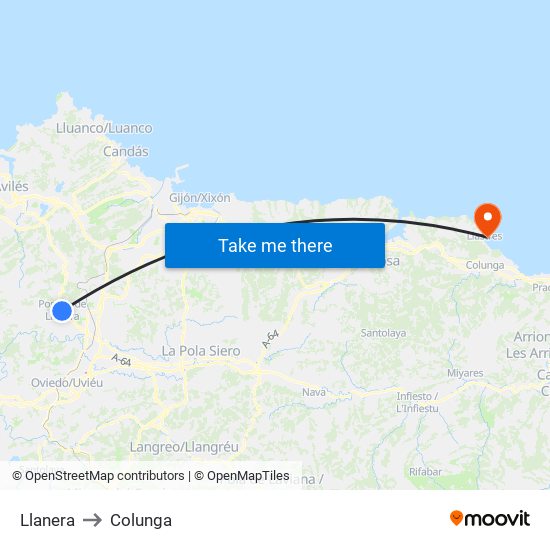 Llanera to Colunga map