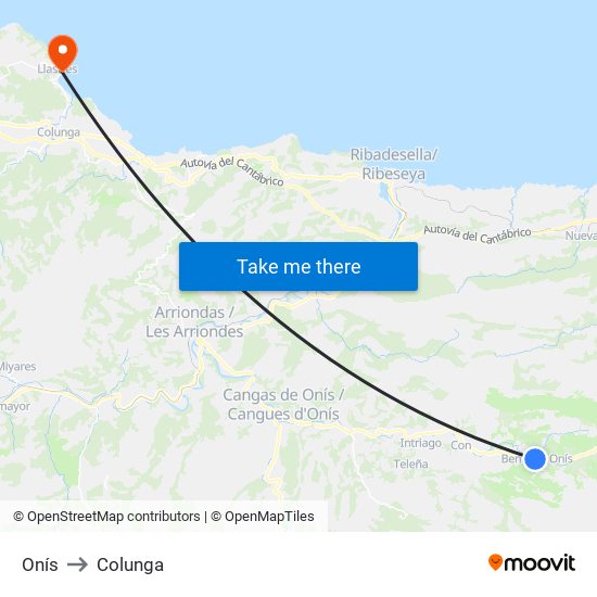 Onís to Colunga map