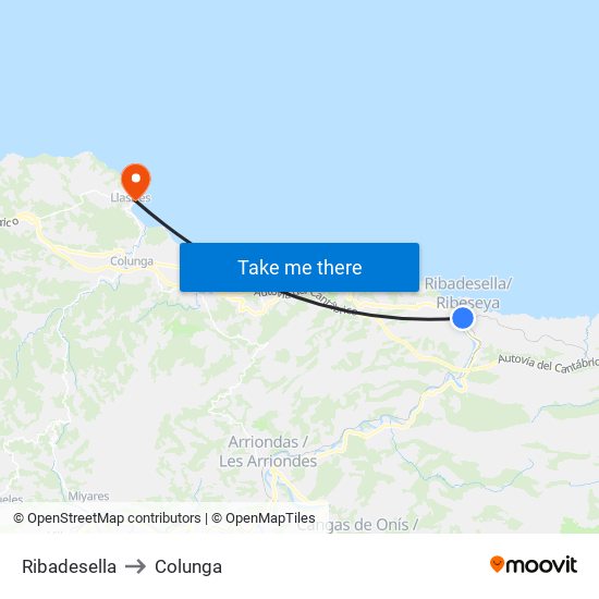 Ribadesella to Colunga map