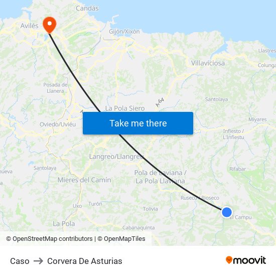 Caso to Corvera De Asturias map