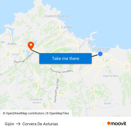Gijón to Corvera De Asturias map
