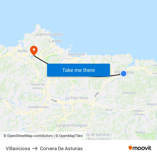 Villaviciosa to Corvera De Asturias map