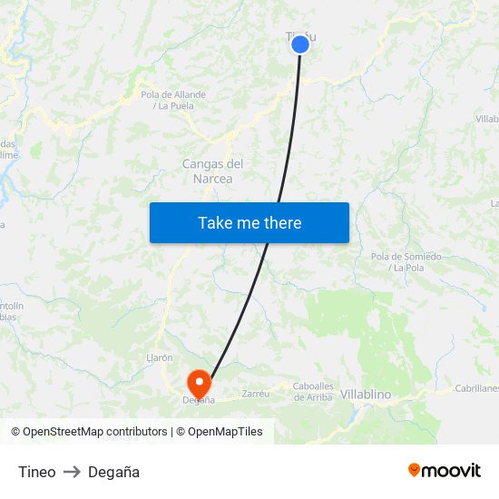 Tineo to Degaña map