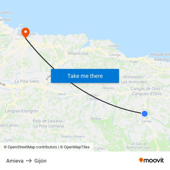 Amieva to Gijón map