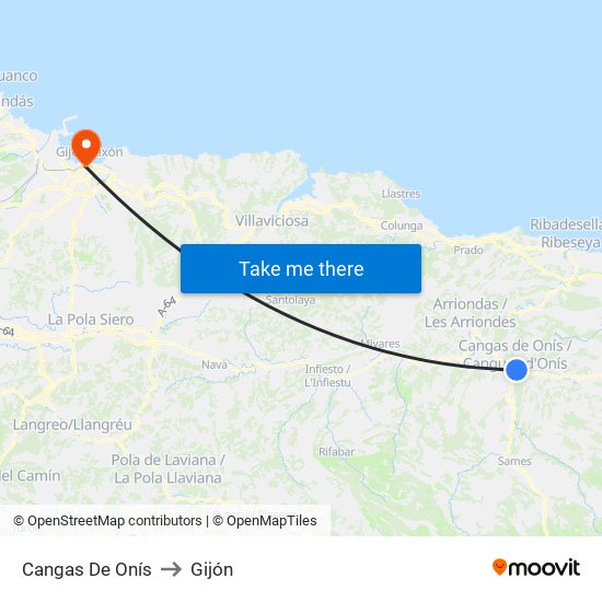 Cangas De Onís to Gijón map