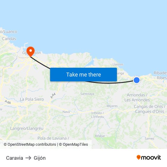 Caravia to Gijón map