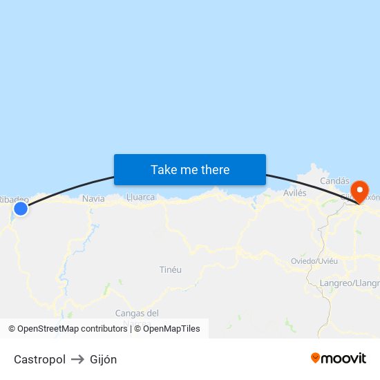 Castropol to Gijón map