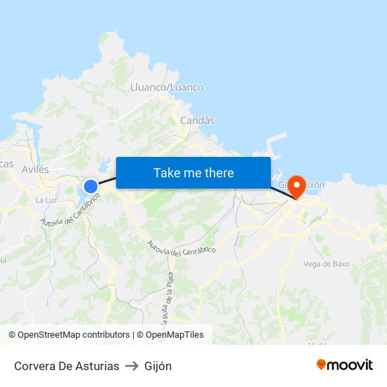 Corvera De Asturias to Gijón map
