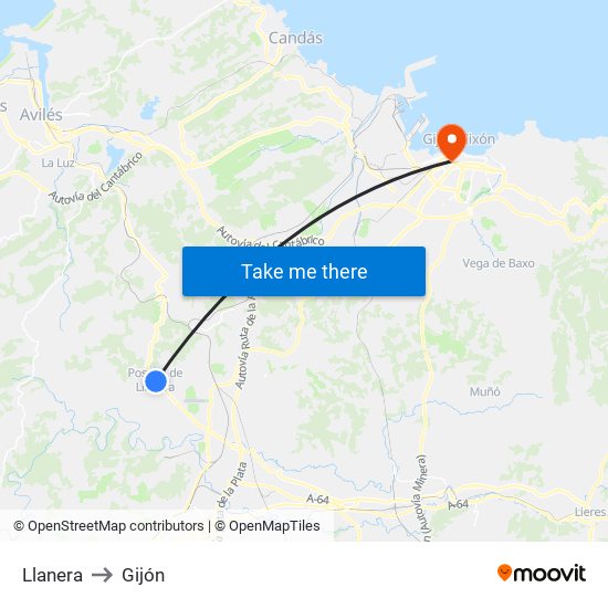 Llanera to Gijón map